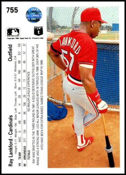 Ray Lankford leaning against dugout railing on 1990 Upper Deck St. Louis Cardinals card