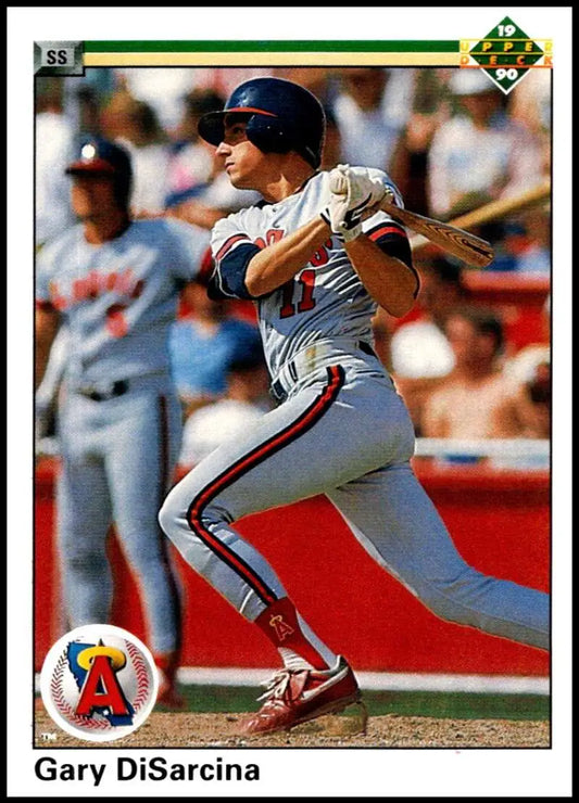 1990 Upper Deck #761 Gary DiSarcina rookie card featuring California Angels player at bat