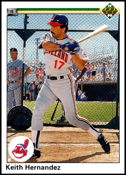 Cleveland Indians player in white uniform at bat, featured on Keith Hernandez baseball card