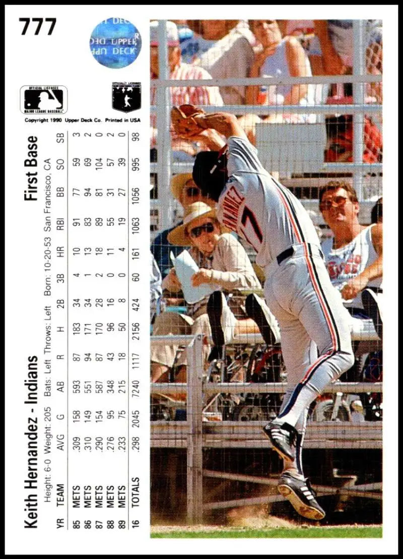 Keith Hernandez leaps for a foul ball on his 1990 Upper Deck Cleveland Indians Baseball Card