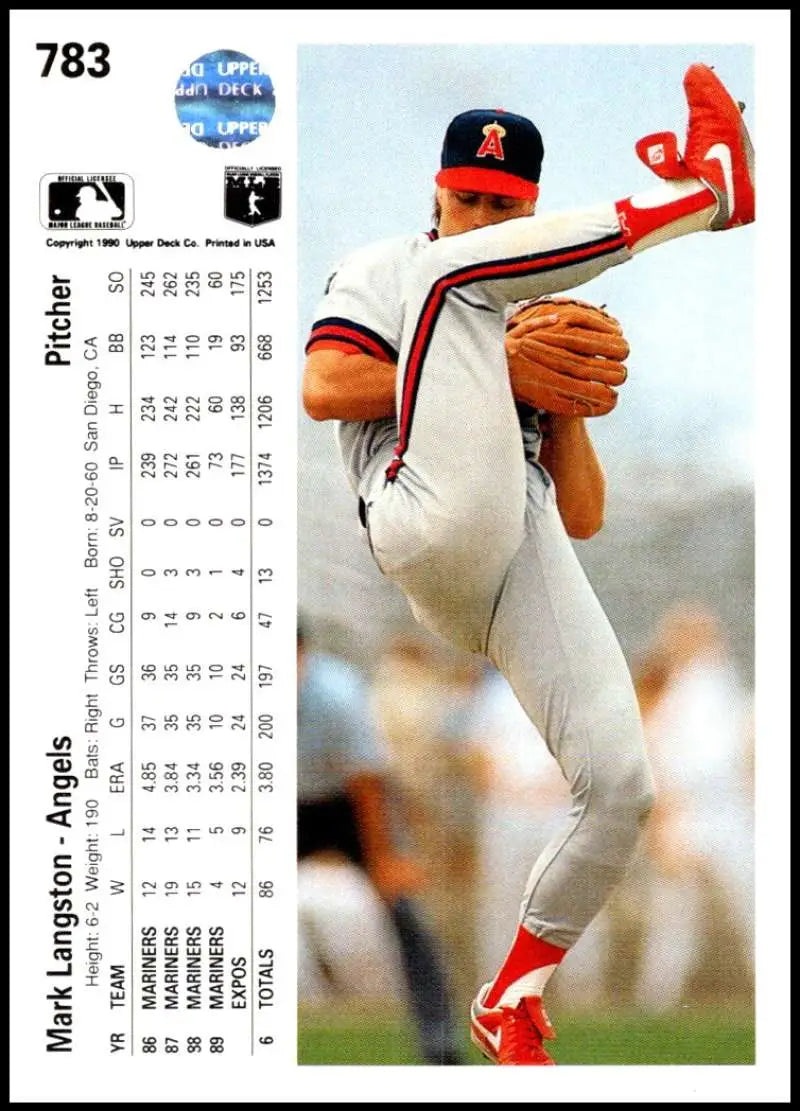 Mark Langston delivering a pitch in white and red uniform on Upper Deck baseball card