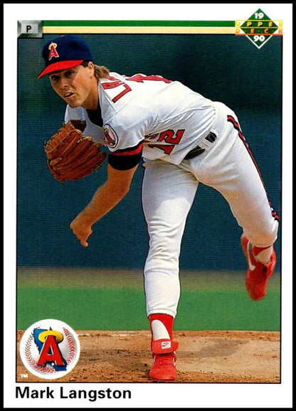 Mark Langston in Angels uniform delivering pitch on 1990 Upper Deck baseball card