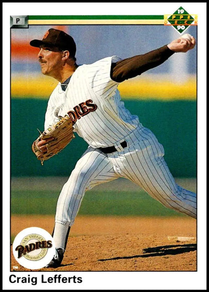 Baseball pitcher Craig Lefferts in San Diego Padres uniform mid-delivery on card