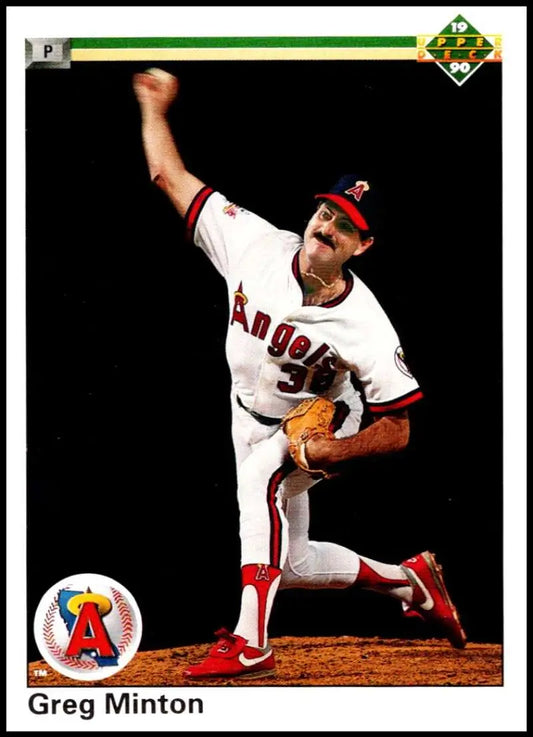 Greg Minton in California Angels uniform delivering on mound for Upper Deck card