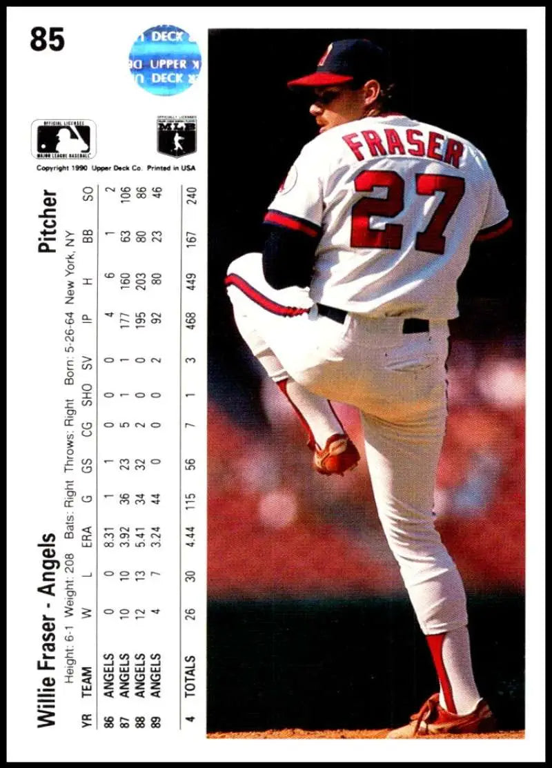 Baseball card of Willie Fraser in a white uniform with red trim for California Angels