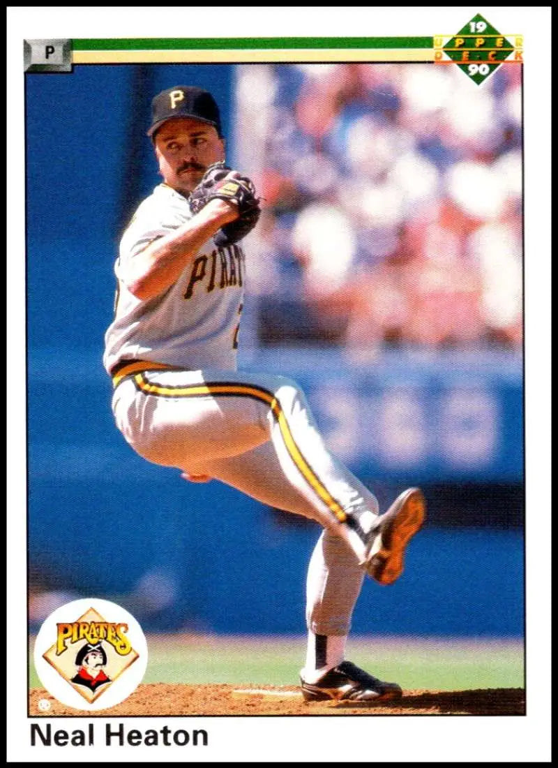 Pittsburgh Pirates pitcher Neal Heaton in delivery on 1990 Upper Deck baseball card