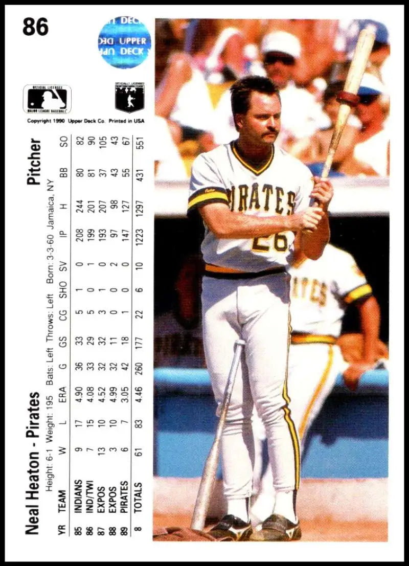 1990 Upper Deck Neal Heaton Baseball Card featuring Pittsburgh Pirates player in uniform