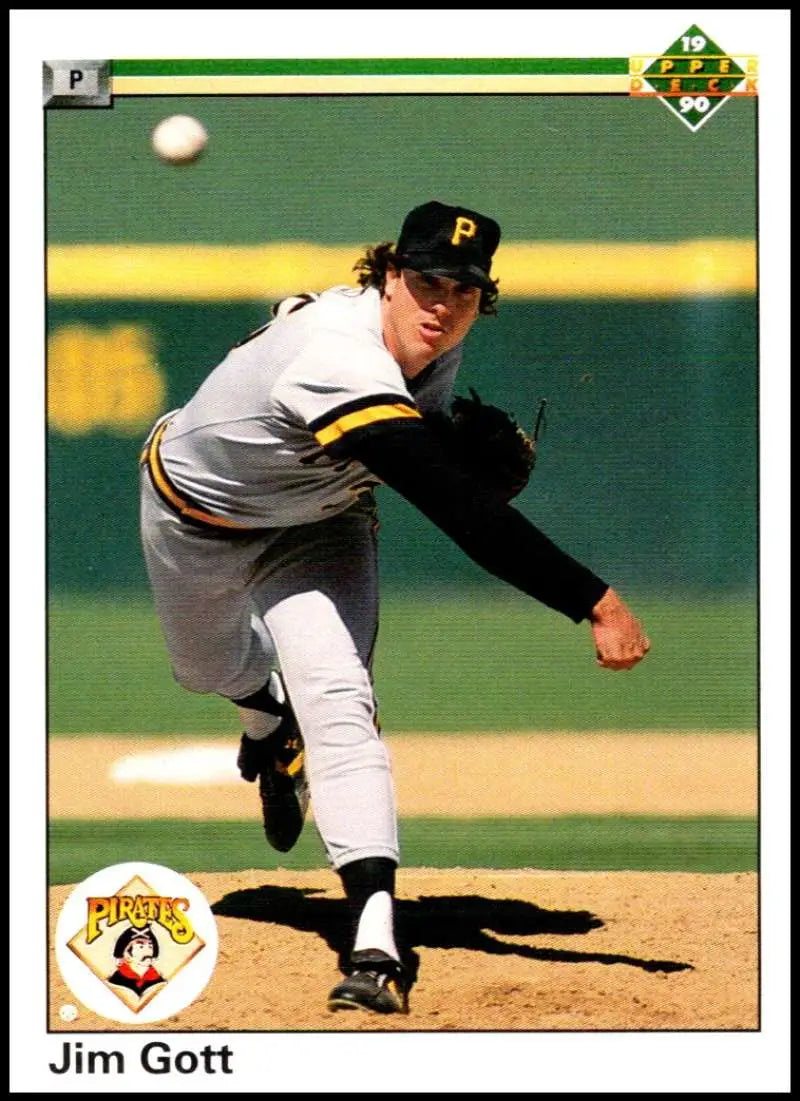 Jim Gott delivering a pitch in his Pittsburgh Pirates uniform on a baseball card