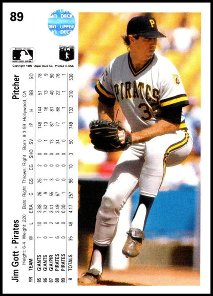 Baseball card of Jim Gott in delivery for Pittsburgh Pirates in white and black uniform