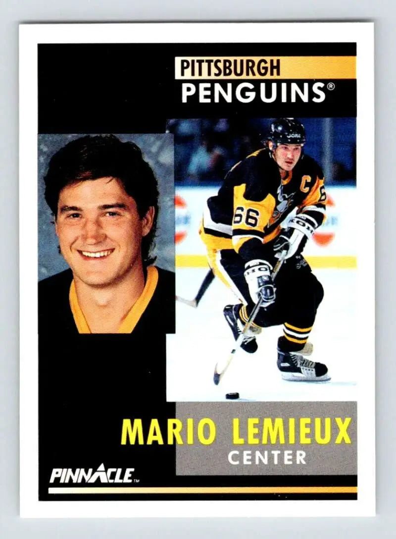 Mario Lemieux hockey trading card featuring Pittsburgh Penguins in black and gold uniform