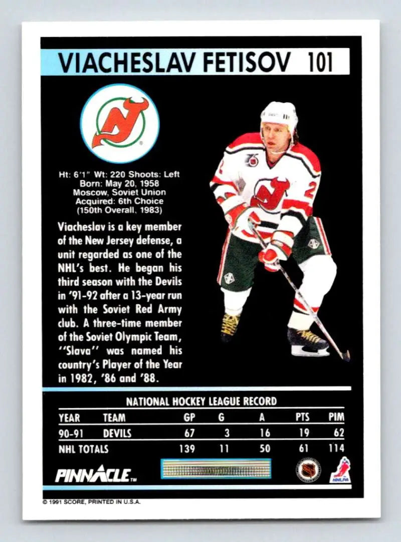 Hockey card of Slava Fetisov in New Jersey Devils uniform, 1991-92 Pinnacle #101