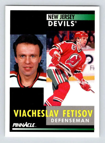 Hockey card featuring Slava Fetisov of the New Jersey Devils in portrait and action poses