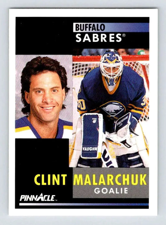 Hockey trading card of Clint Malarchuk in blue Buffalo Sabres jersey