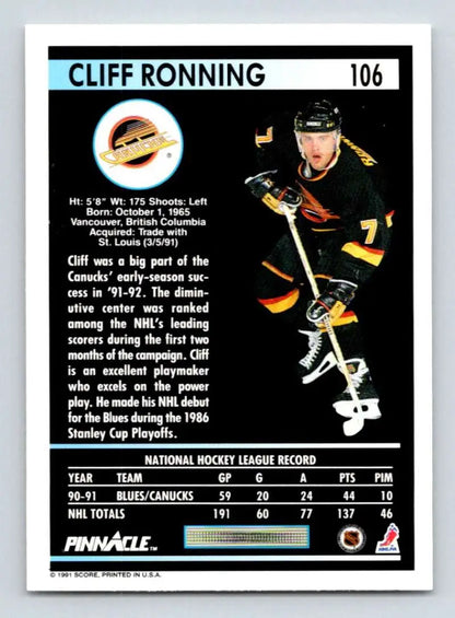 Cliff Ronning Vancouver Canucks hockey card in black and yellow uniform from 1991-92