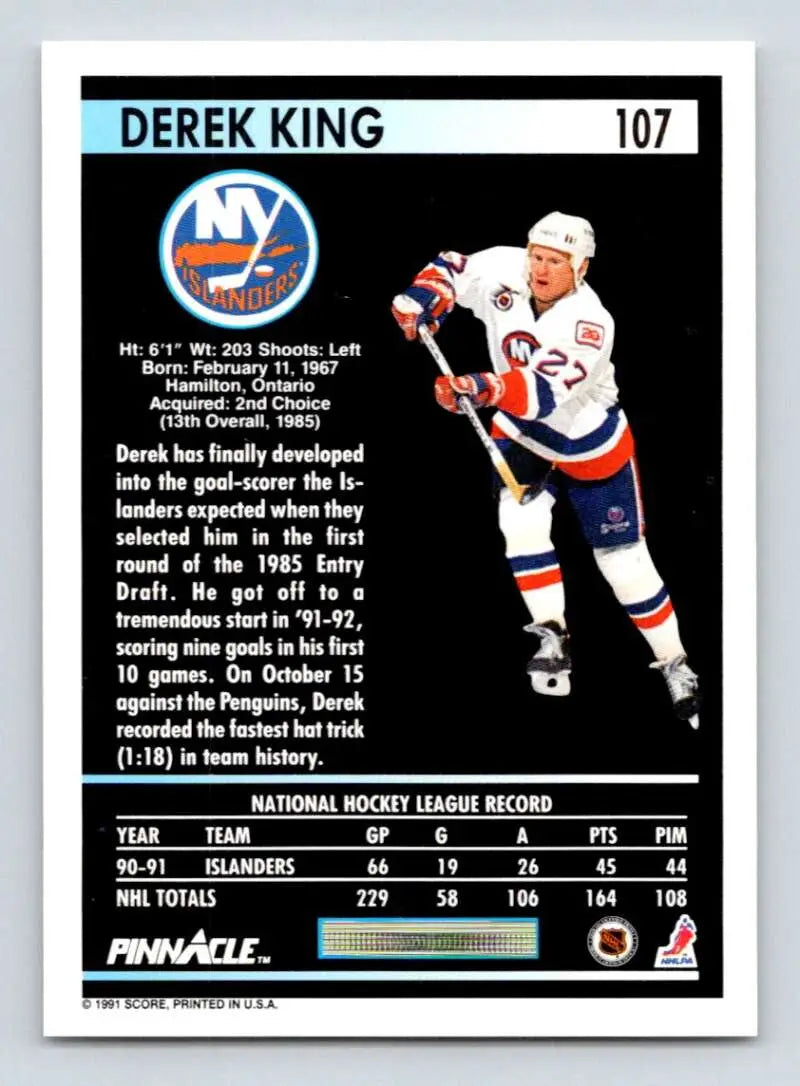 Hockey card of Derek King in New York Islanders jersey with stats and bio details