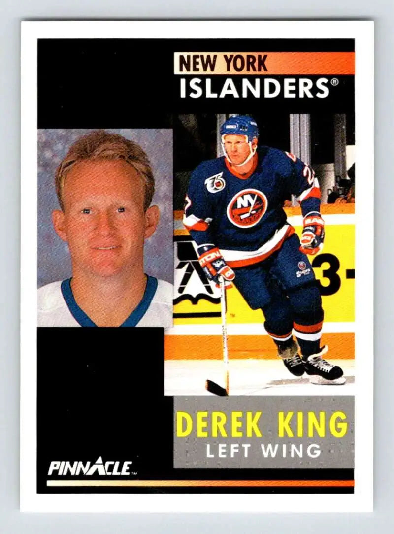 Hockey card of Derek King showcasing New York Islanders player in action and portrait poses