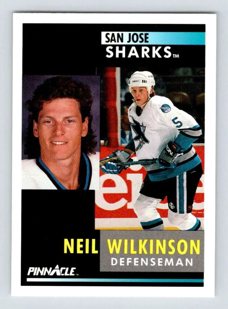 Hockey trading card of Neil Wilkinson, San Jose Sharks defenseman in action and portrait