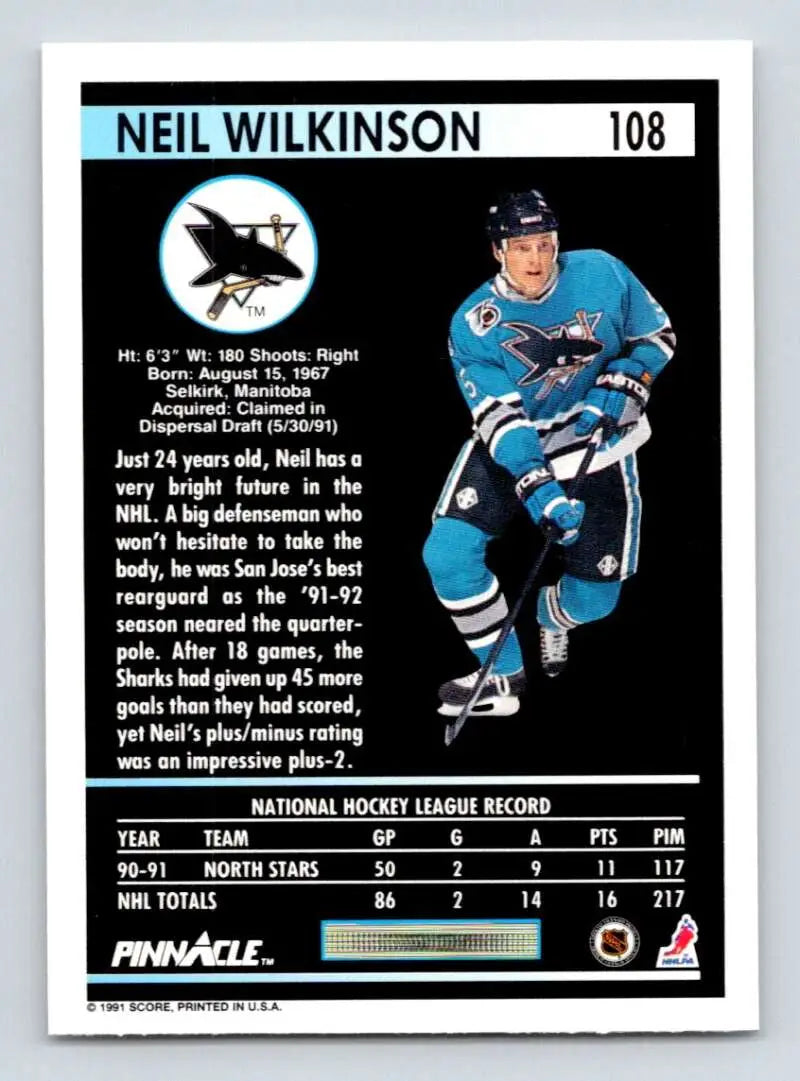 San Jose Sharks Neil Wilkinson skating in teal uniform on 1991-92 Pinnacle trading card