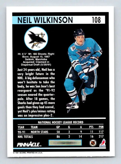 San Jose Sharks Neil Wilkinson skating in teal uniform on 1991-92 Pinnacle trading card