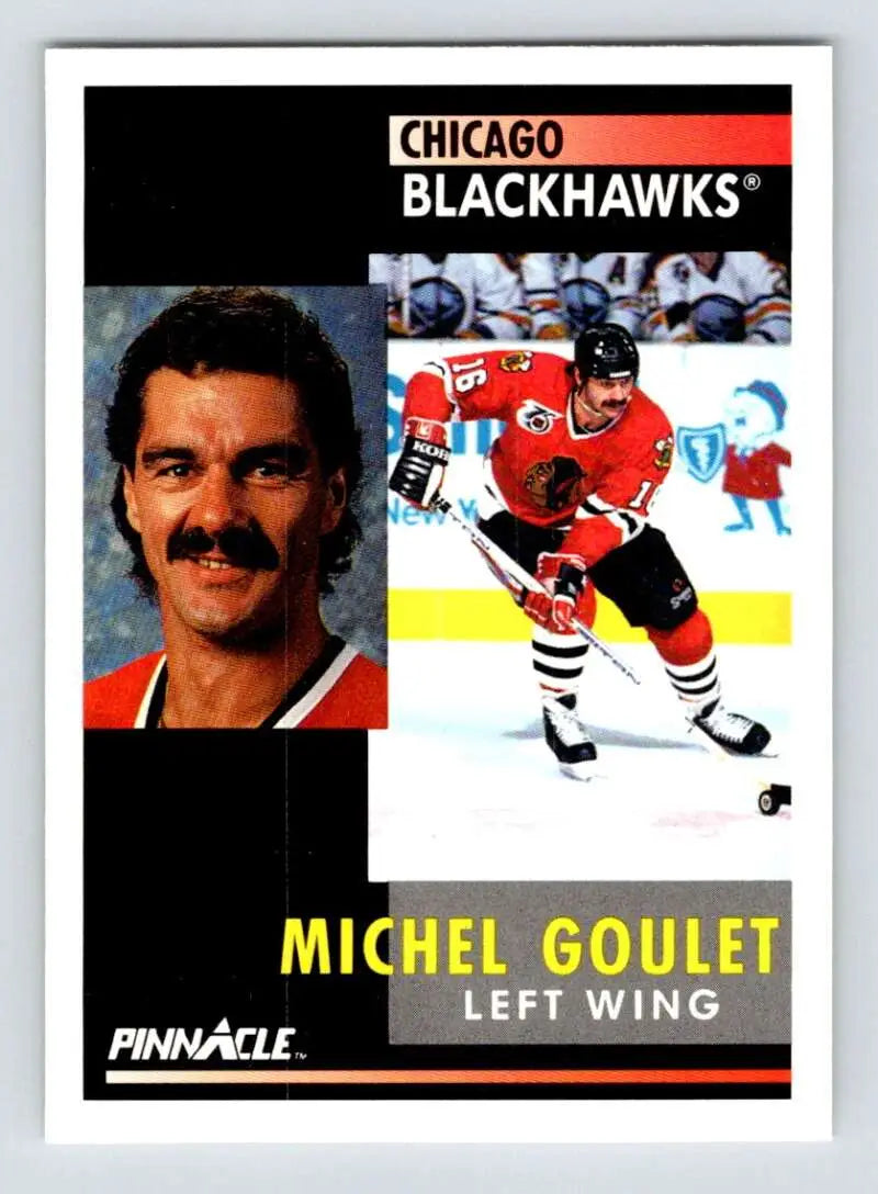 Hockey card of Michel Goulet showcasing Chicago Blackhawks player poses