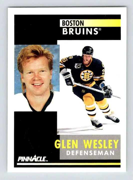 Hockey card of Glen Wesley, Boston Bruins defenseman, with headshot and action photos