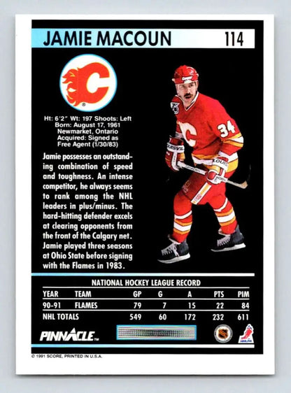 Hockey player in red Calgary Flames uniform depicting Jamie Macoun on a trading card