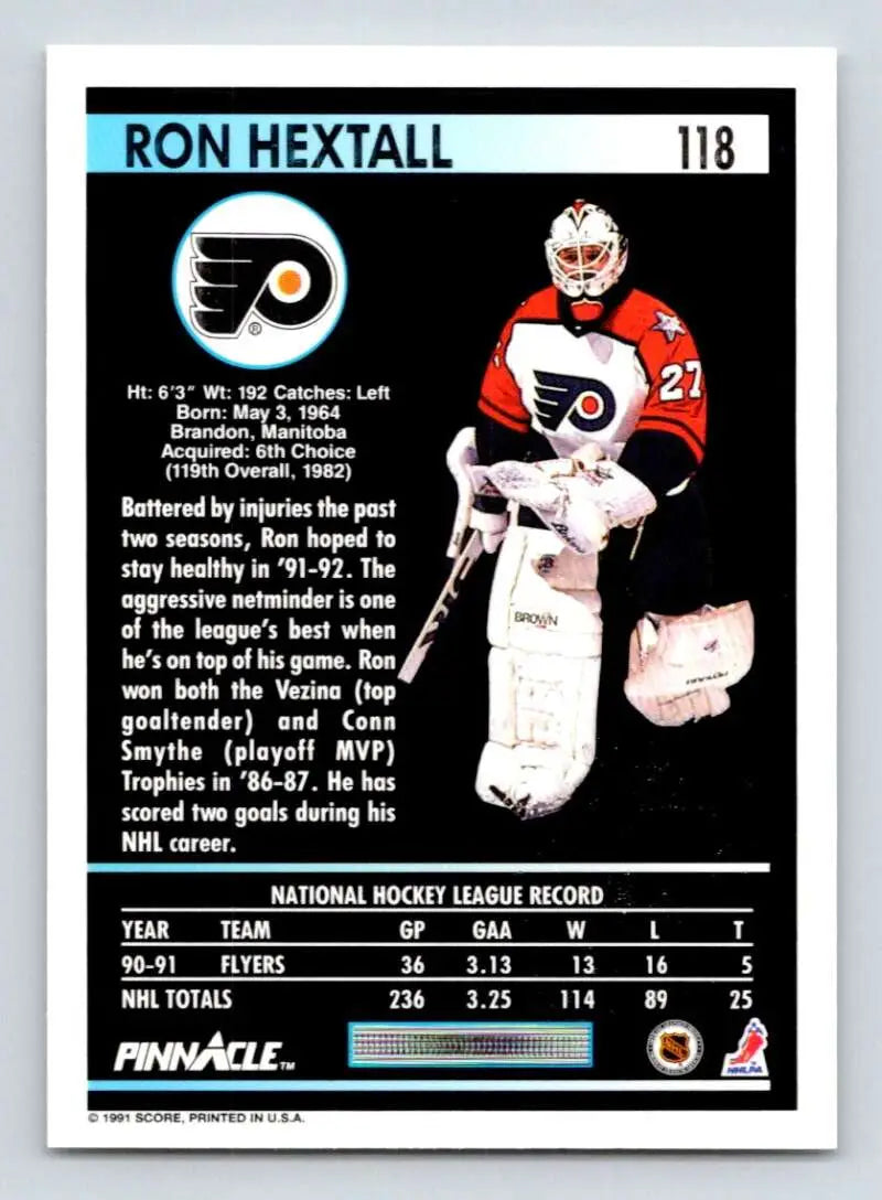 Ron Hextall Philadelphia Flyers hockey card showcasing goalie statistics and information