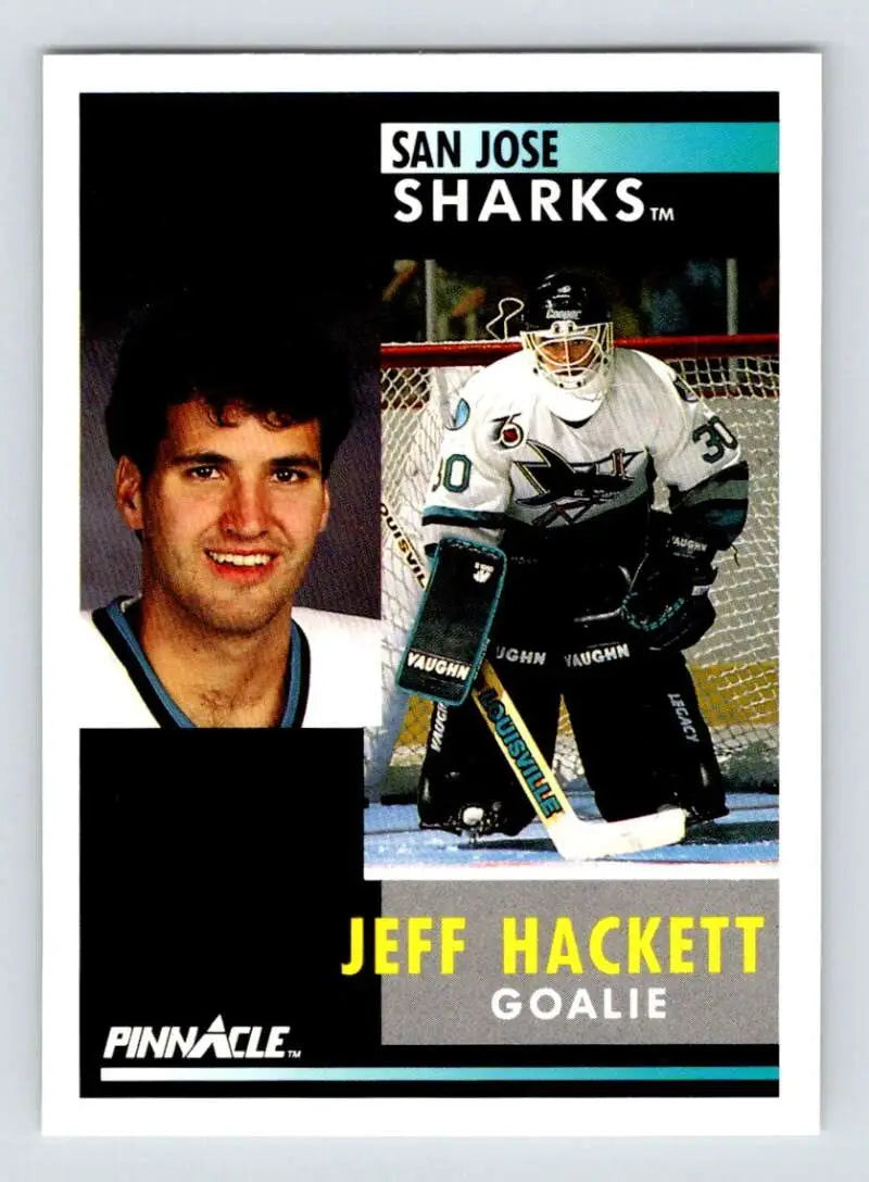 Hockey trading card of Jeff Hackett showcasing San Jose Sharks goalie poses