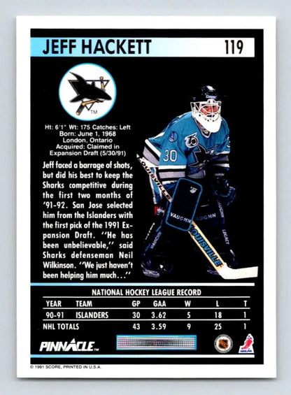 Jeff Hackett San Jose Sharks hockey card with player in teal jersey from 1991-92 Pinnacle