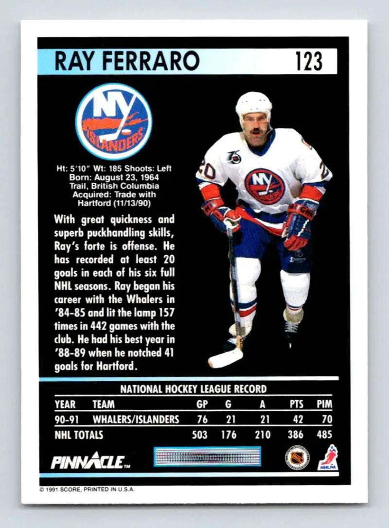 New York Islanders Ray Ferraro hockey card in white, blue, and orange uniform