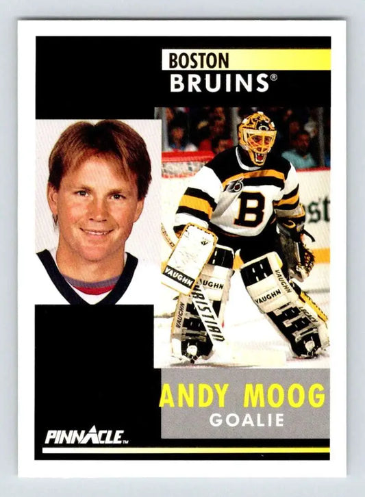 Andy Moog Boston Bruins hockey card in black and gold uniform from 1991-92 Pinnacle