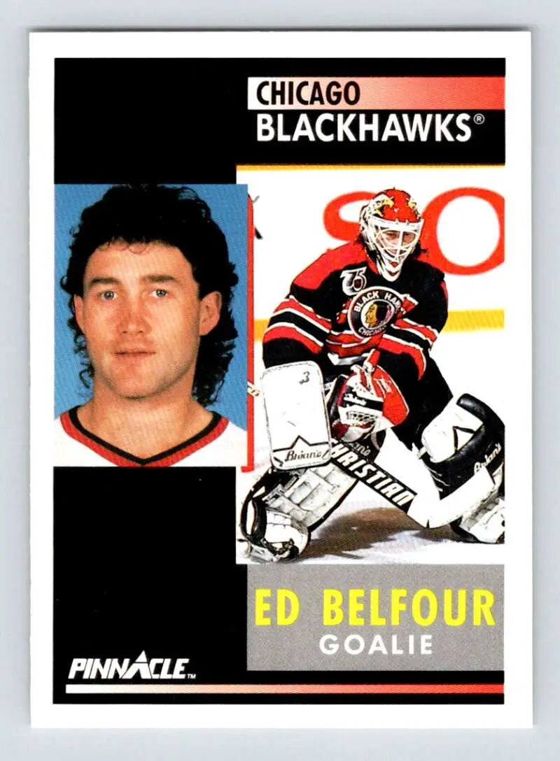 Chicago Blackhawks hockey card featuring Ed Belfour with portrait and action illustration