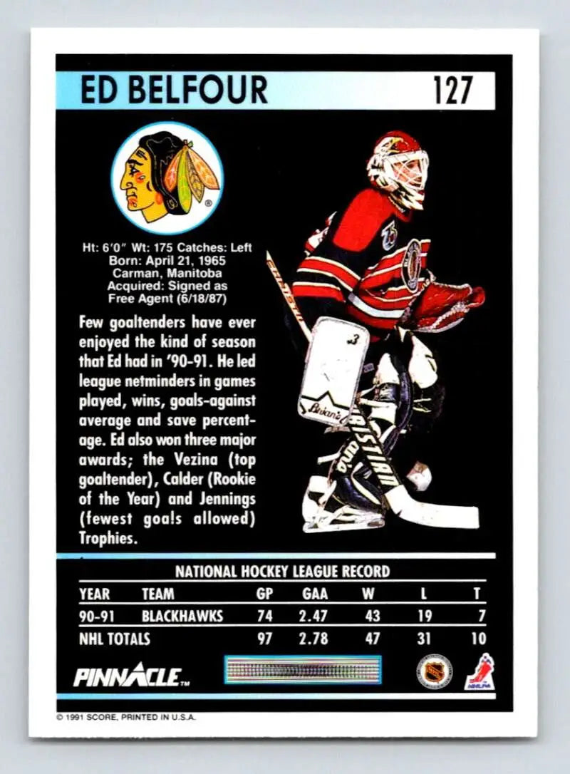 Hockey card of Ed Belfour in Chicago Blackhawks red and black uniform