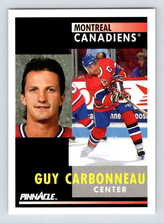 Hockey card of Guy Carbonneau showcasing Montreal Canadiens player in action and portrait