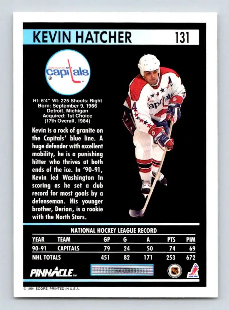 1991-92 Pinnacle Kevin Hatcher hockey card showcasing Washington Capitals stats and bio