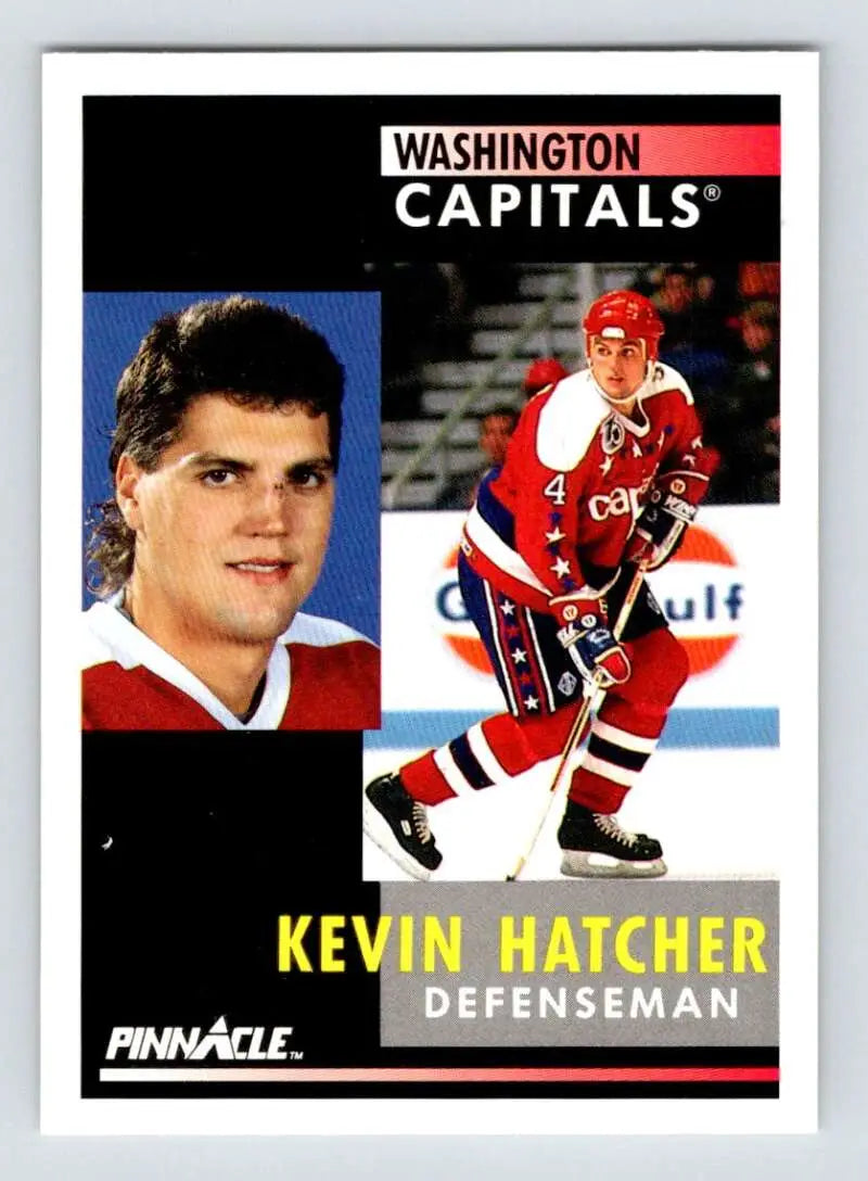 Hockey card of Kevin Hatcher in red and white uniform for Washington Capitals