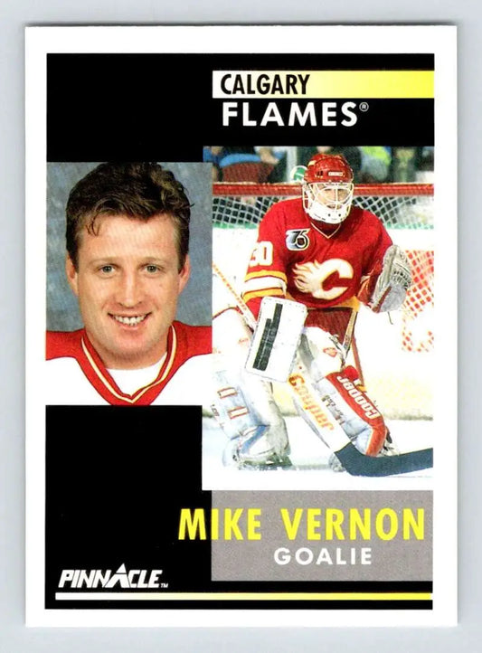 Hockey trading card of Mike Vernon in red Calgary Flames uniform, 1991-92 Pinnacle