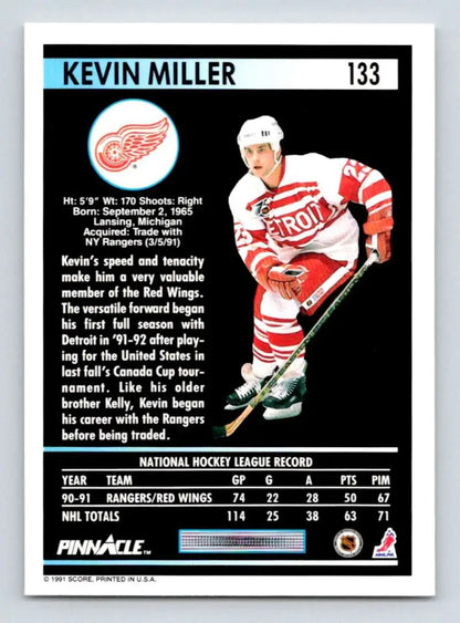 Hockey card of Kevin Miller in Detroit Red Wings uniform, 1991-92 Pinnacle #133