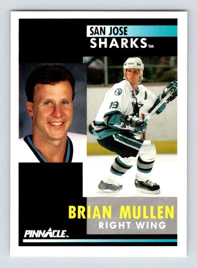 Hockey card of Brian Mullen in portrait and action poses for San Jose Sharks