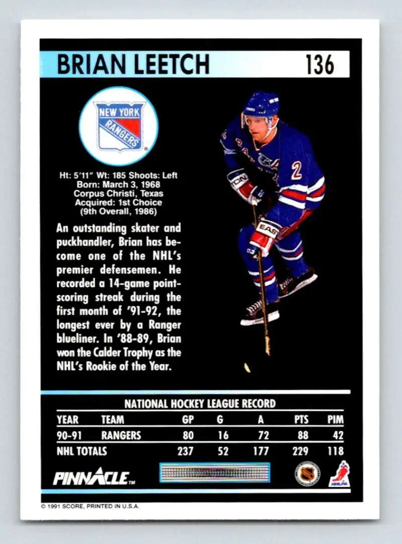 Hockey card of Brian Leetch in blue uniform for New York Rangers by Pinnacle