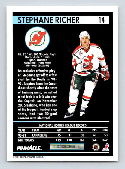 Hockey card of Stephane Richer in New Jersey Devils white jersey with red trim