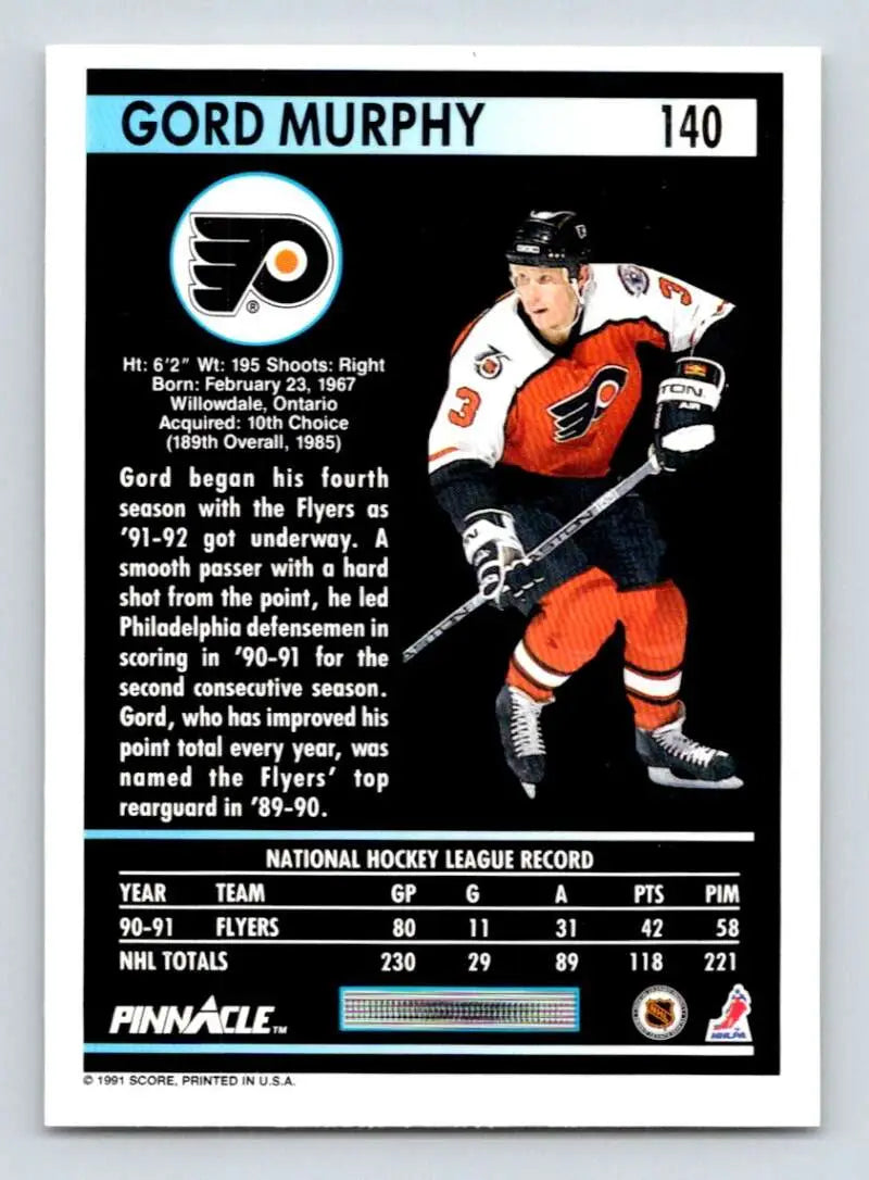 Gord Murphy Philadelphia Flyers hockey card in orange and black uniform from 1991-92 Pinnacle