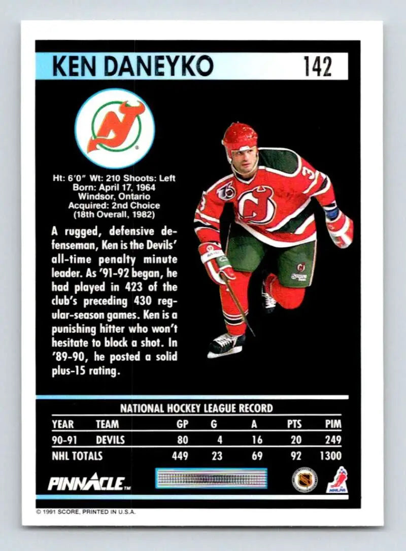 Hockey trading card of Ken Daneyko in New Jersey Devils jersey with stats and info