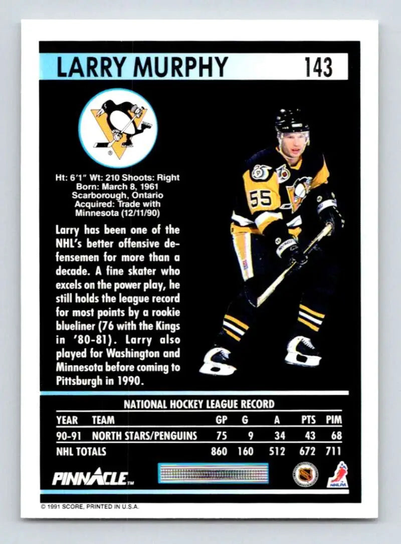 Pittsburgh Penguins Hockey Card of Larry Murphy, jersey number 55 in black and gold