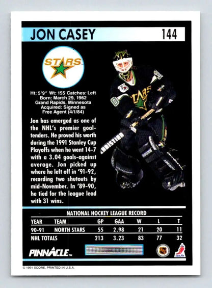 Hockey card of Jon Casey in black and green Minnesota North Stars uniform