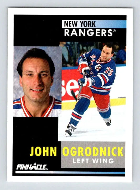 Hockey trading card of John Ogrodnick showcasing New York Rangers action and portrait poses