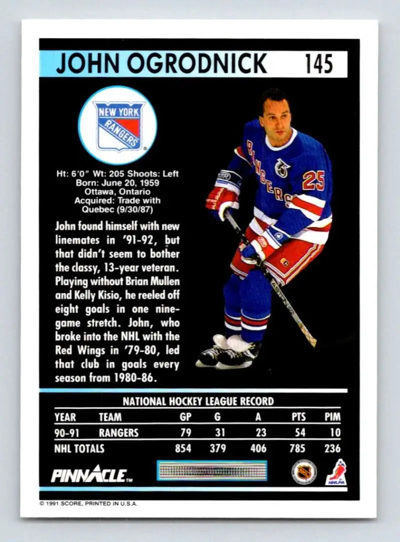 Vintage New York Rangers hockey trading card of John Ogrodnick in blue and red uniform