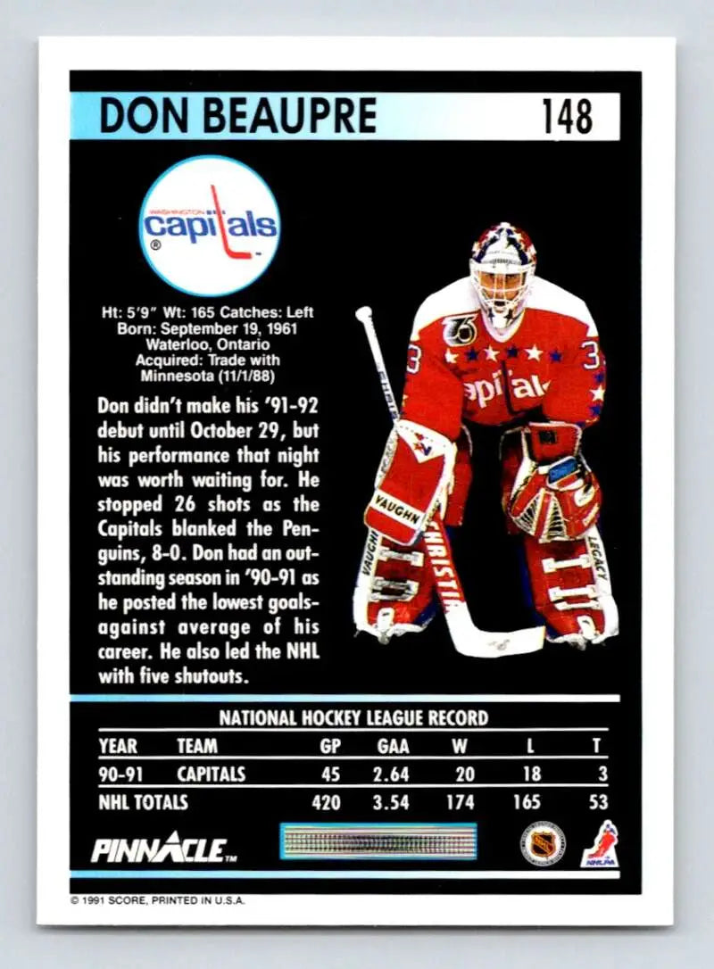 Don Beaupre 1991-92 Pinnacle card featuring Washington Capitals goalie in red and white uniform