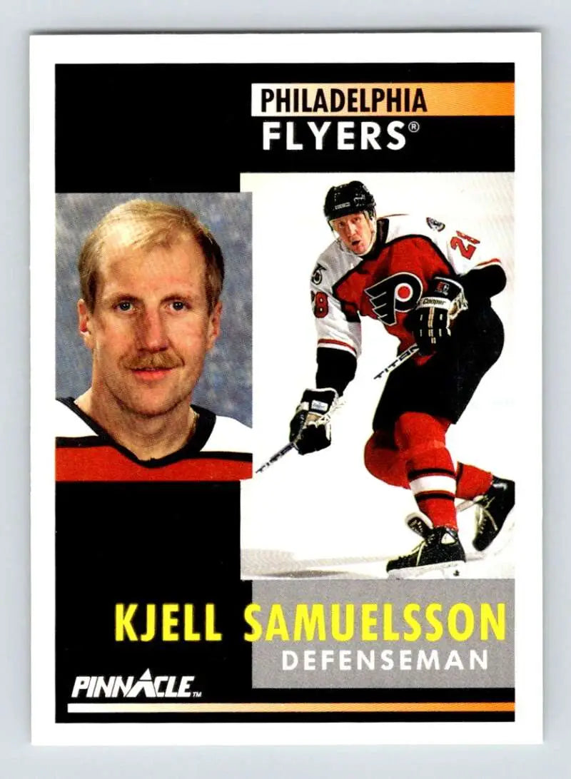 Hockey card of Kjell Samuelsson in action poses for Philadelphia Flyers collectors