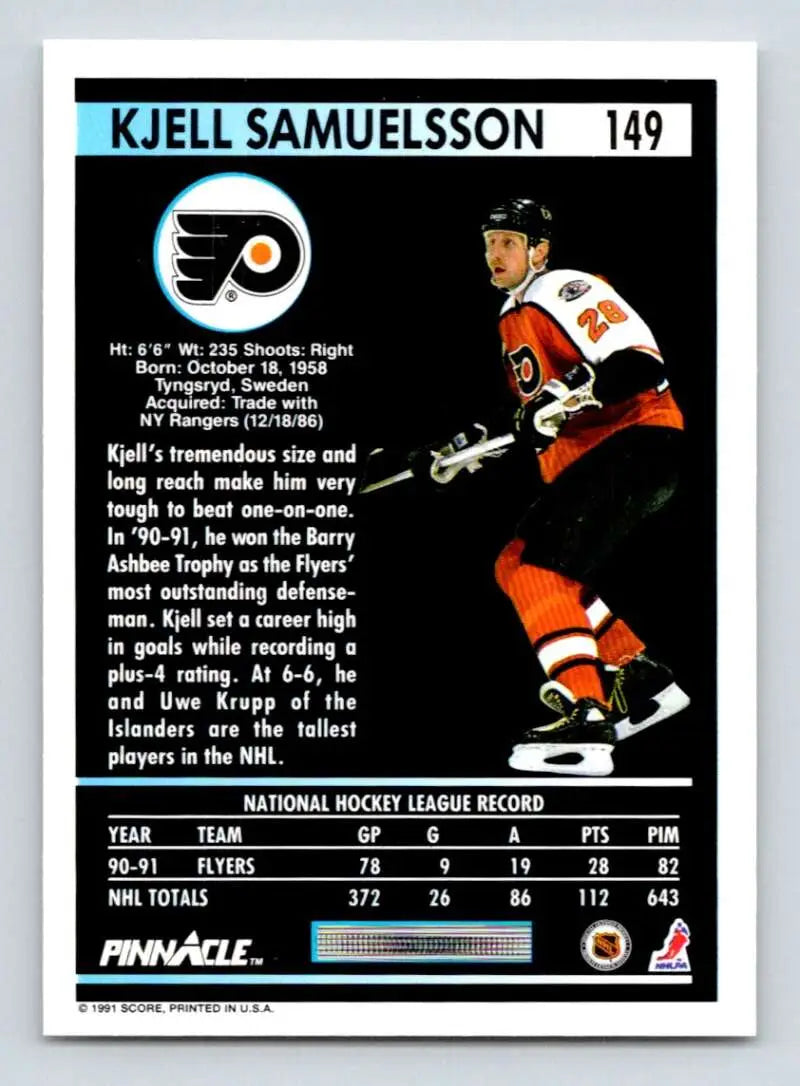 Hockey card of Kjell Samuelsson in Philadelphia Flyers orange and black uniform